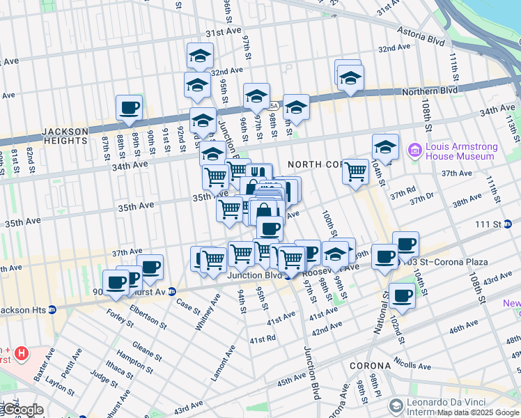 map of restaurants, bars, coffee shops, grocery stores, and more near 35-37 Junction Boulevard in Queens
