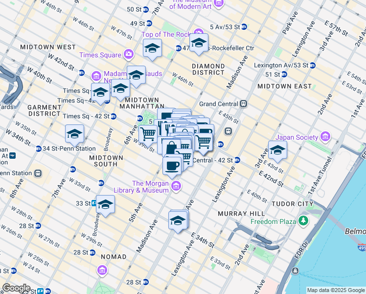 map of restaurants, bars, coffee shops, grocery stores, and more near 10 East 41st Street in New York