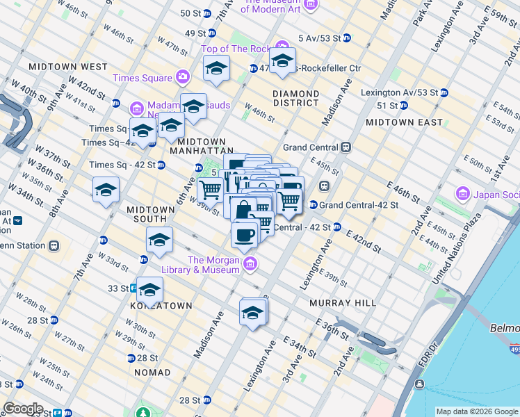 map of restaurants, bars, coffee shops, grocery stores, and more near 10 East 41st Street in New York