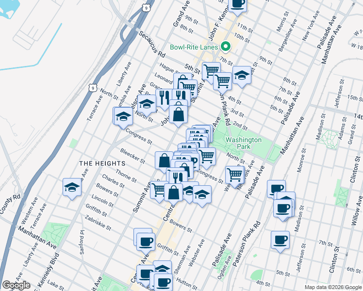 map of restaurants, bars, coffee shops, grocery stores, and more near 41 Graham Street in Jersey City