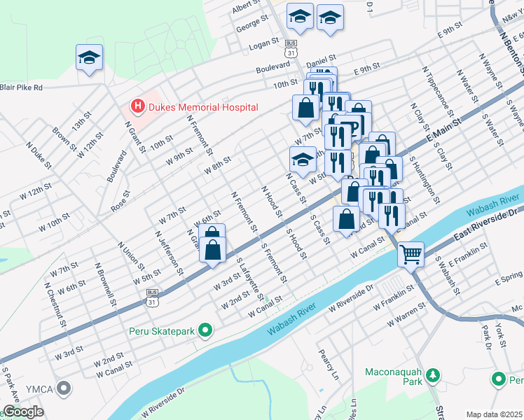 map of restaurants, bars, coffee shops, grocery stores, and more near 50 North Hood Street in Peru