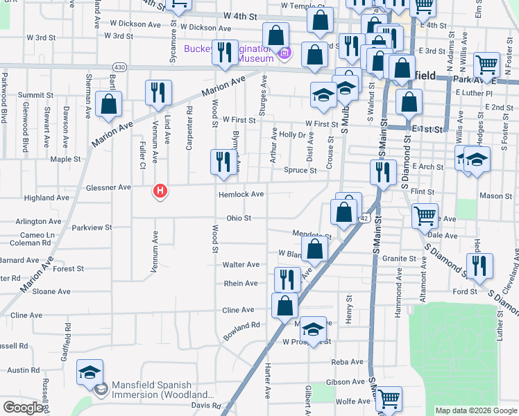 map of restaurants, bars, coffee shops, grocery stores, and more near 210 Ohio Street in Mansfield