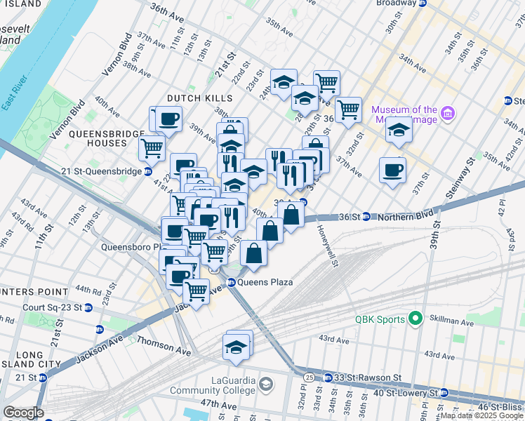 map of restaurants, bars, coffee shops, grocery stores, and more near 29-16 40th Avenue in Queens