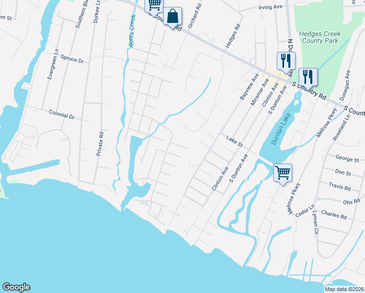 map of restaurants, bars, coffee shops, grocery stores, and more near East Jackwill Road in East Patchogue
