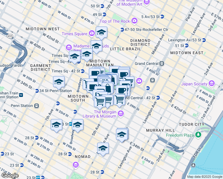 map of restaurants, bars, coffee shops, grocery stores, and more near 8 West 40th Street in New York