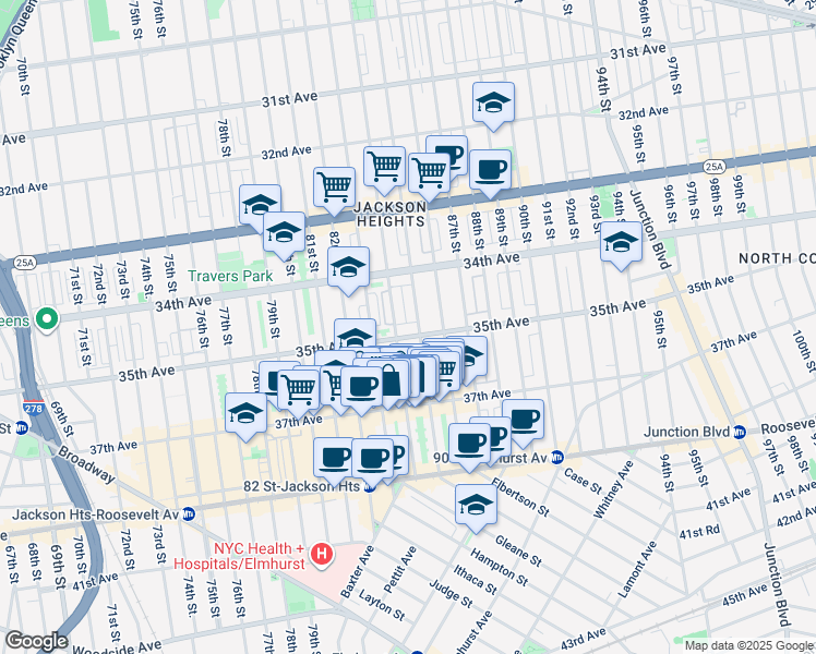 map of restaurants, bars, coffee shops, grocery stores, and more near 84-09 35th Avenue in Queens