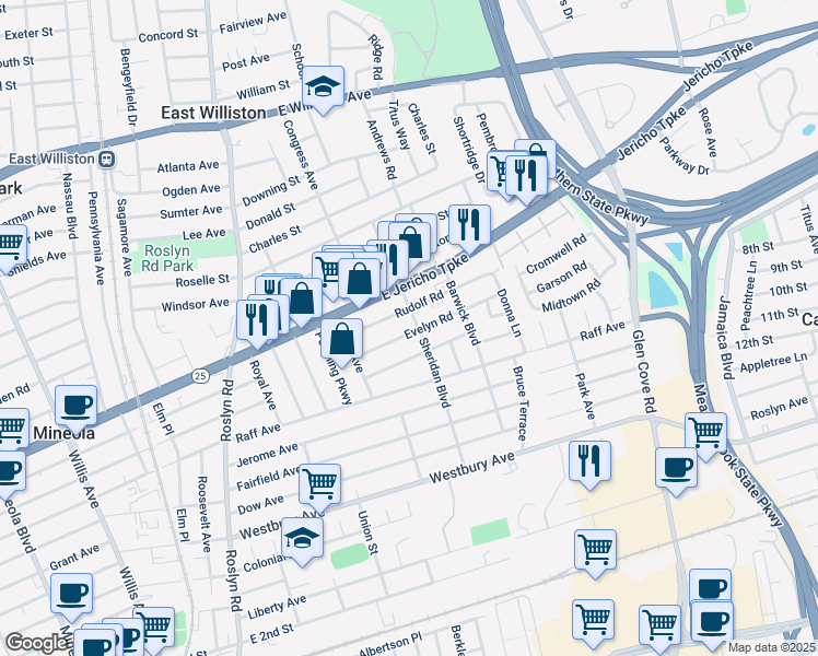 map of restaurants, bars, coffee shops, grocery stores, and more near 235 Sheridan Boulevard in Mineola