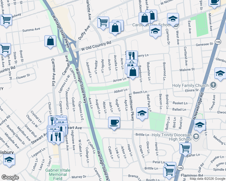 map of restaurants, bars, coffee shops, grocery stores, and more near 40 Abbot Lane in Hicksville