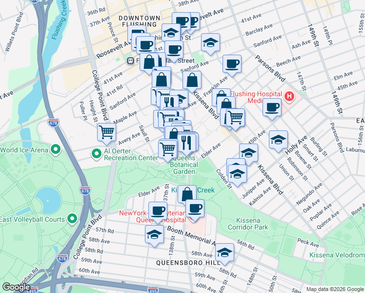 map of restaurants, bars, coffee shops, grocery stores, and more near 4318c Main Street in Queens