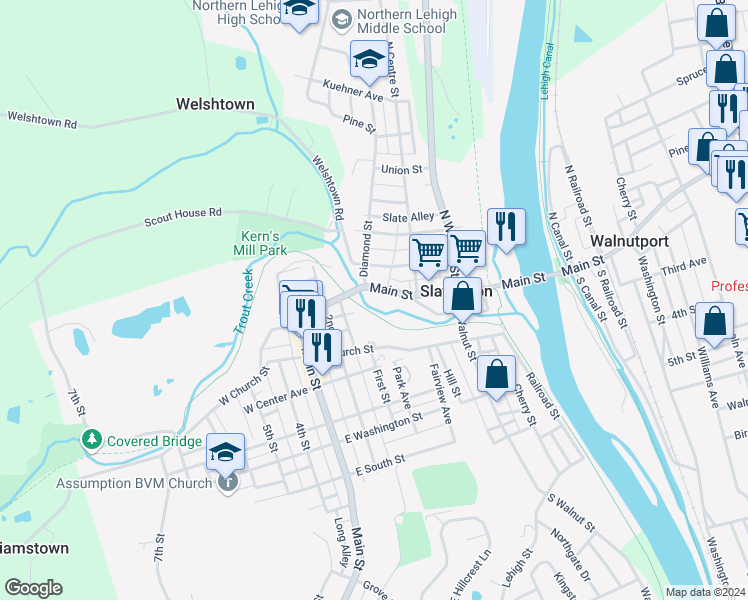 map of restaurants, bars, coffee shops, grocery stores, and more near 361-363 Main Street in Slatington