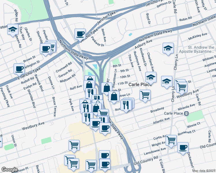 map of restaurants, bars, coffee shops, grocery stores, and more near in Carle Place