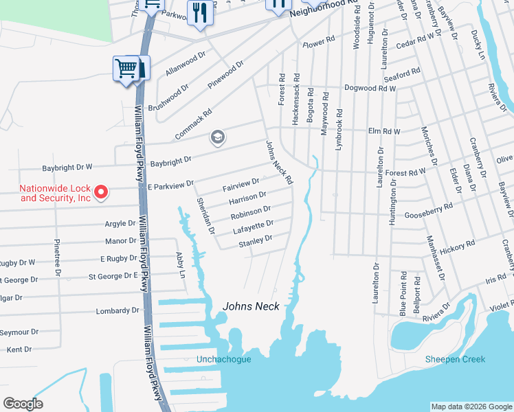 map of restaurants, bars, coffee shops, grocery stores, and more near 33 Robinson Drive in Shirley