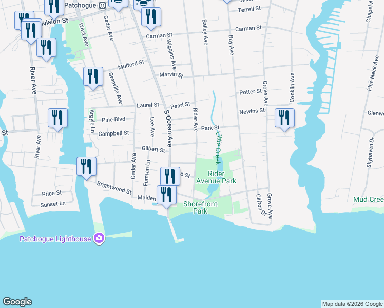 map of restaurants, bars, coffee shops, grocery stores, and more near 366 Rider Avenue in Patchogue