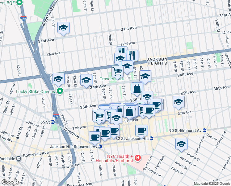 map of restaurants, bars, coffee shops, grocery stores, and more near 34-40 78th Street in Queens