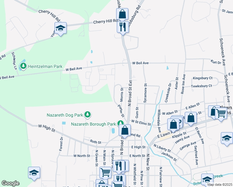 map of restaurants, bars, coffee shops, grocery stores, and more near 94 Porter Street in Nazareth