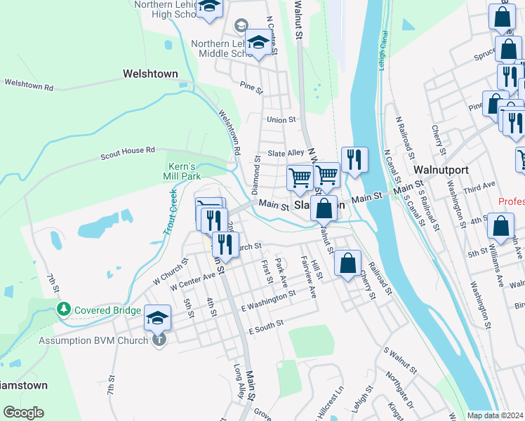 map of restaurants, bars, coffee shops, grocery stores, and more near 361-363 Main Street in Slatington