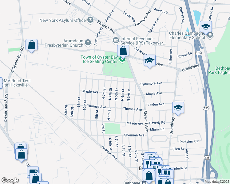 map of restaurants, bars, coffee shops, grocery stores, and more near 149 Maple Avenue in Bethpage