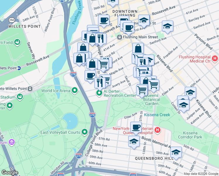 map of restaurants, bars, coffee shops, grocery stores, and more near College Point Blvd & Avery Ave in Queens
