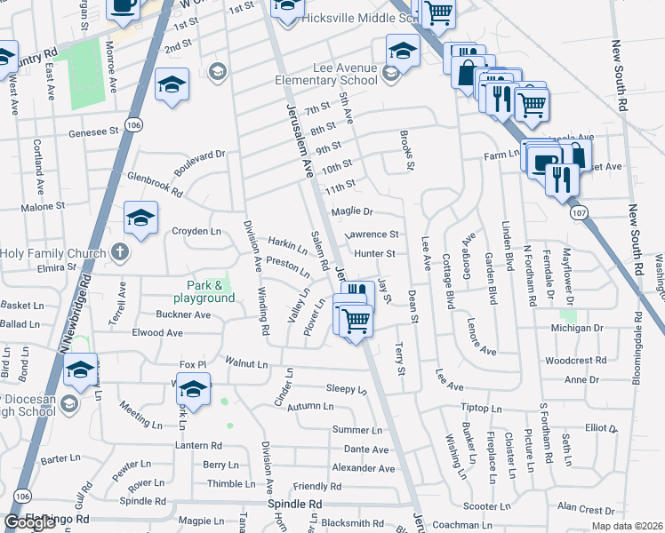map of restaurants, bars, coffee shops, grocery stores, and more near 18 Parc Lane in Hicksville