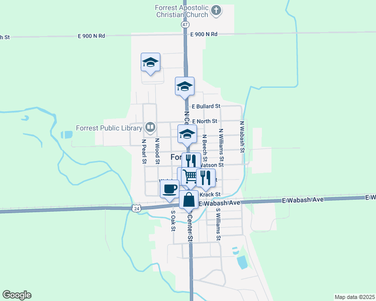 map of restaurants, bars, coffee shops, grocery stores, and more near 312 North Center Street in Forrest