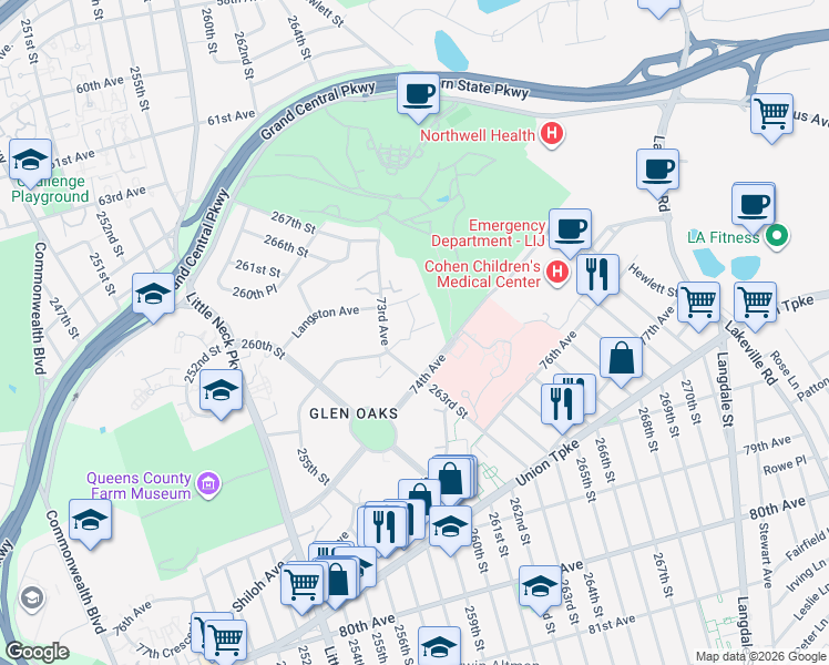 map of restaurants, bars, coffee shops, grocery stores, and more near 73-3 263rd Street in Queens