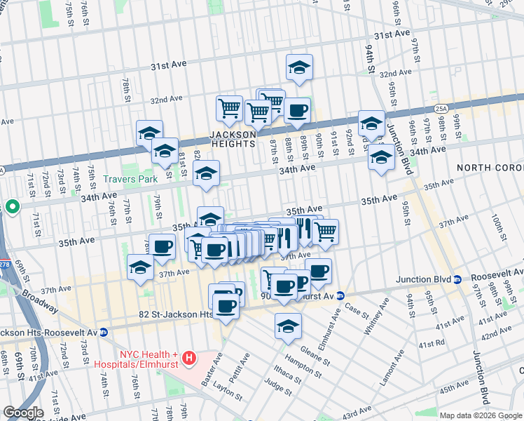 map of restaurants, bars, coffee shops, grocery stores, and more near 85-05 35th Avenue in Queens