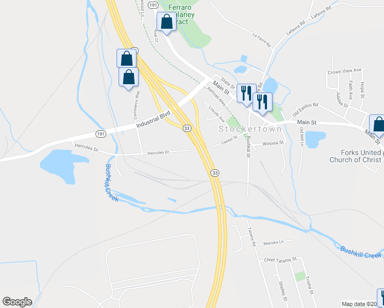 map of restaurants, bars, coffee shops, grocery stores, and more near 405 Hercules Drive in Easton