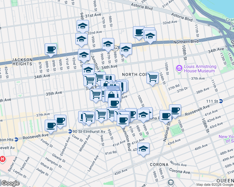 map of restaurants, bars, coffee shops, grocery stores, and more near in Queens