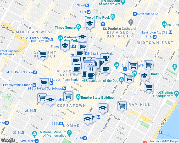 map of restaurants, bars, coffee shops, grocery stores, and more near 1 West 39th Street in New York