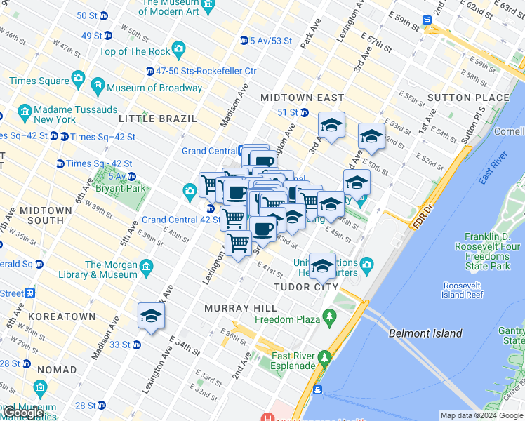 map of restaurants, bars, coffee shops, grocery stores, and more near East 44th Street in New York