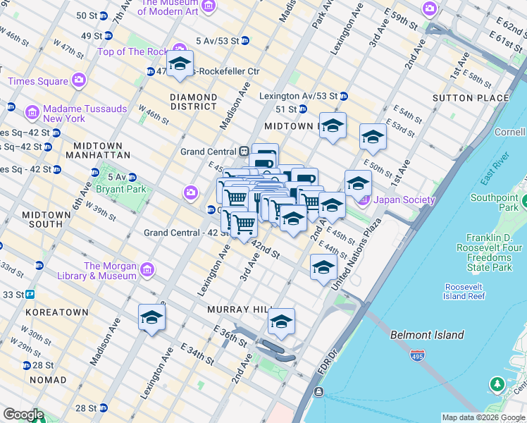 map of restaurants, bars, coffee shops, grocery stores, and more near East 44th Street in New York