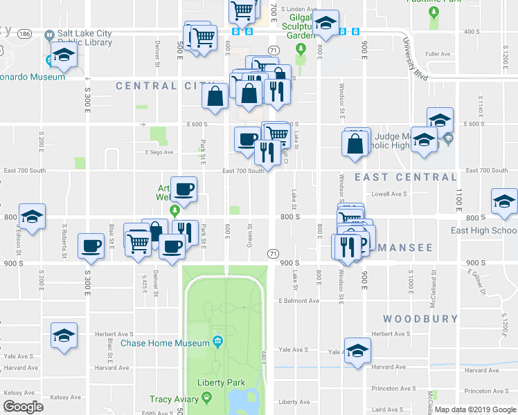 map of restaurants, bars, coffee shops, grocery stores, and more near 665 East 800 South in Salt Lake City