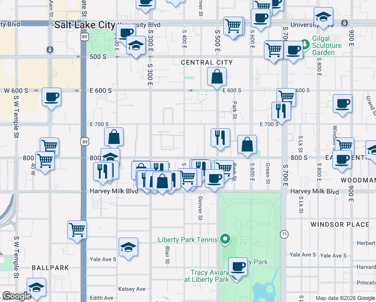 map of restaurants, bars, coffee shops, grocery stores, and more near 409 800 South in Salt Lake City
