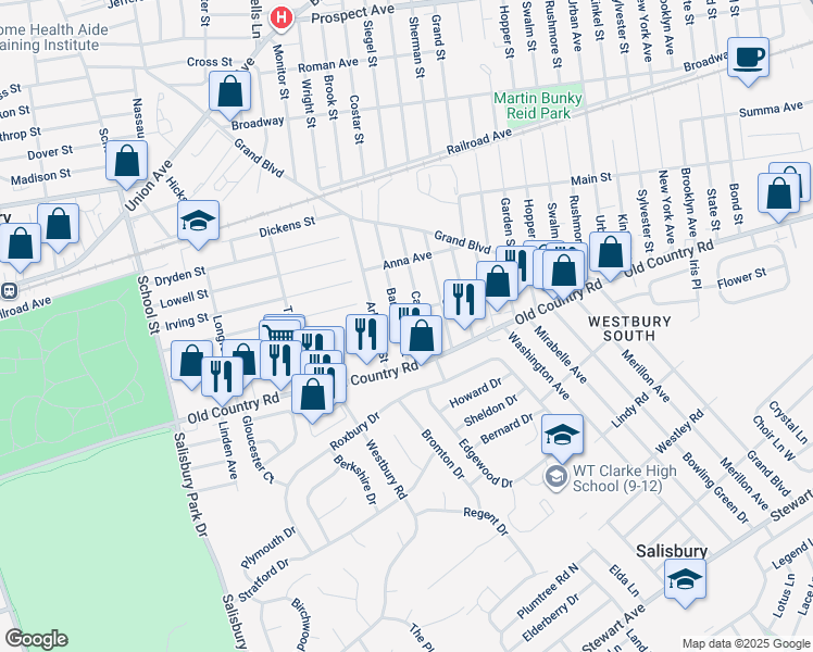 map of restaurants, bars, coffee shops, grocery stores, and more near 12 Barrington Street in Westbury