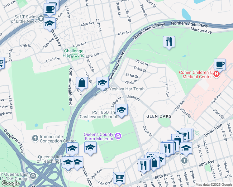 map of restaurants, bars, coffee shops, grocery stores, and more near 70-8 252nd Street in Queens