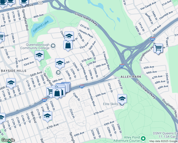 map of restaurants, bars, coffee shops, grocery stores, and more near 57-69 228th Street in Queens