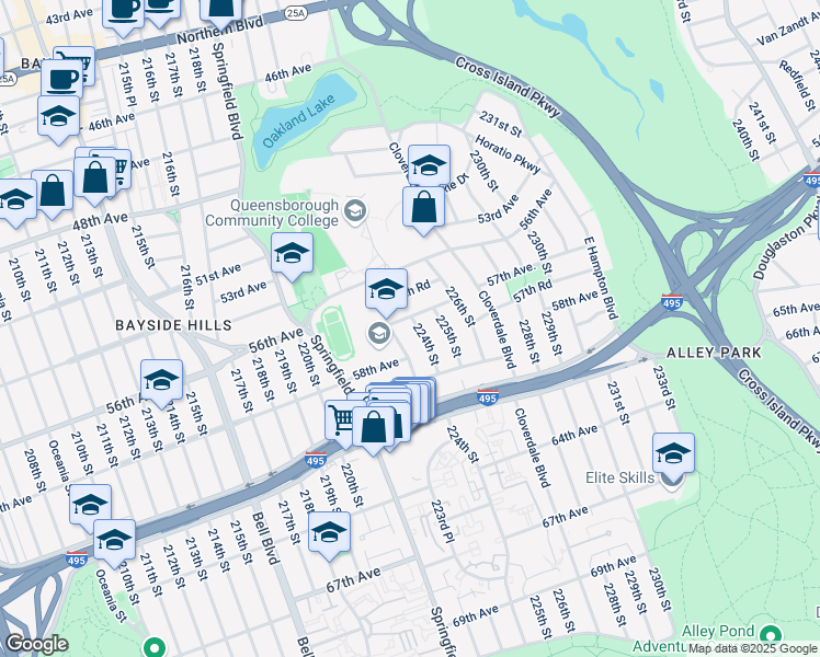 map of restaurants, bars, coffee shops, grocery stores, and more near 57-24 224th Street in Queens