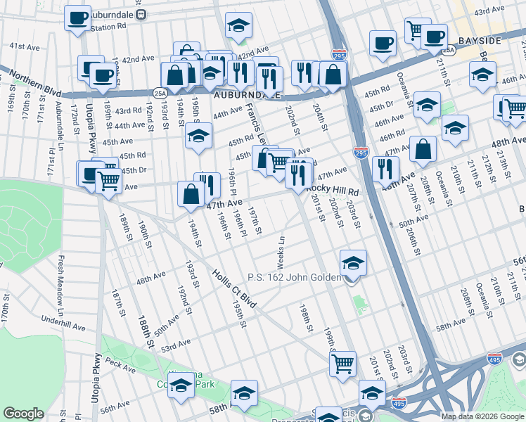 map of restaurants, bars, coffee shops, grocery stores, and more near 47-36 198th Street in Queens
