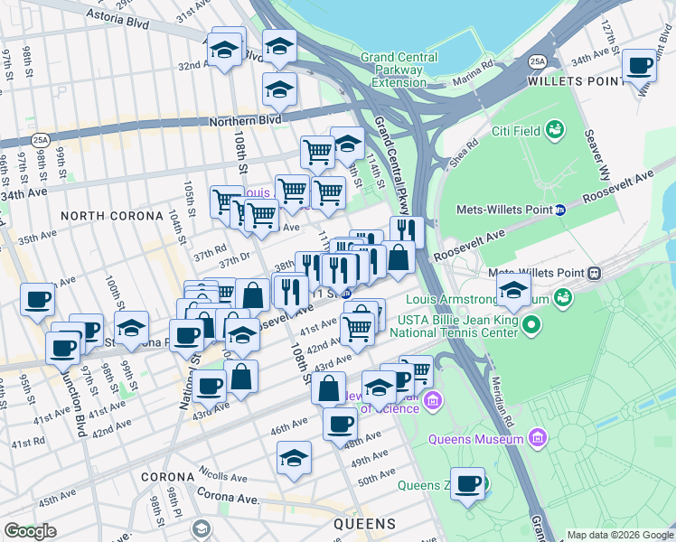 map of restaurants, bars, coffee shops, grocery stores, and more near in Queens