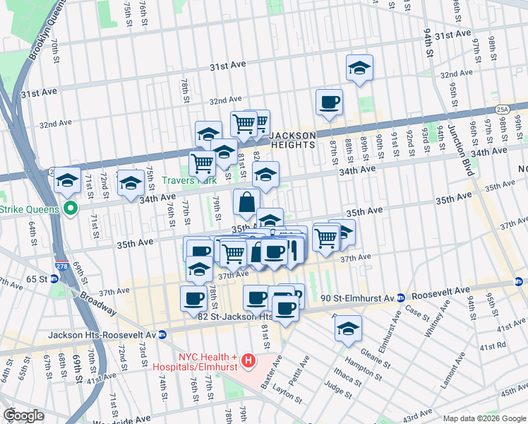 map of restaurants, bars, coffee shops, grocery stores, and more near in Queens