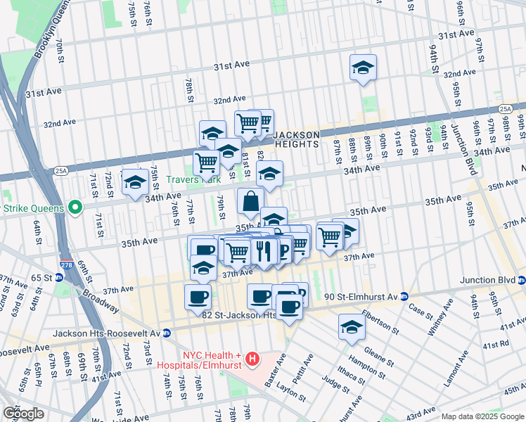 map of restaurants, bars, coffee shops, grocery stores, and more near 81-05 35th Avenue in Queens