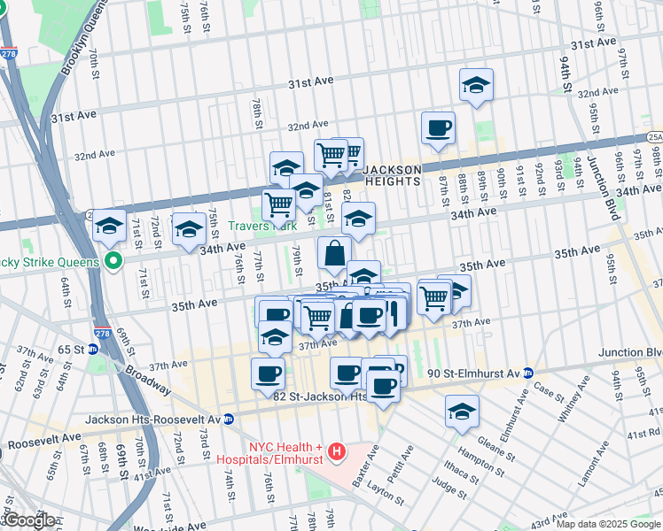 map of restaurants, bars, coffee shops, grocery stores, and more near 81-05 35th Avenue in Queens