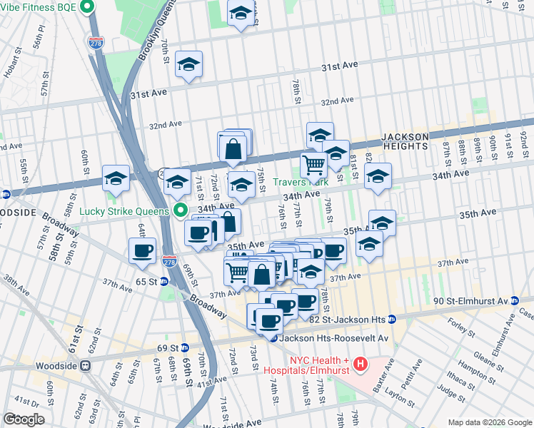 map of restaurants, bars, coffee shops, grocery stores, and more near 34-34 75th Street in Queens
