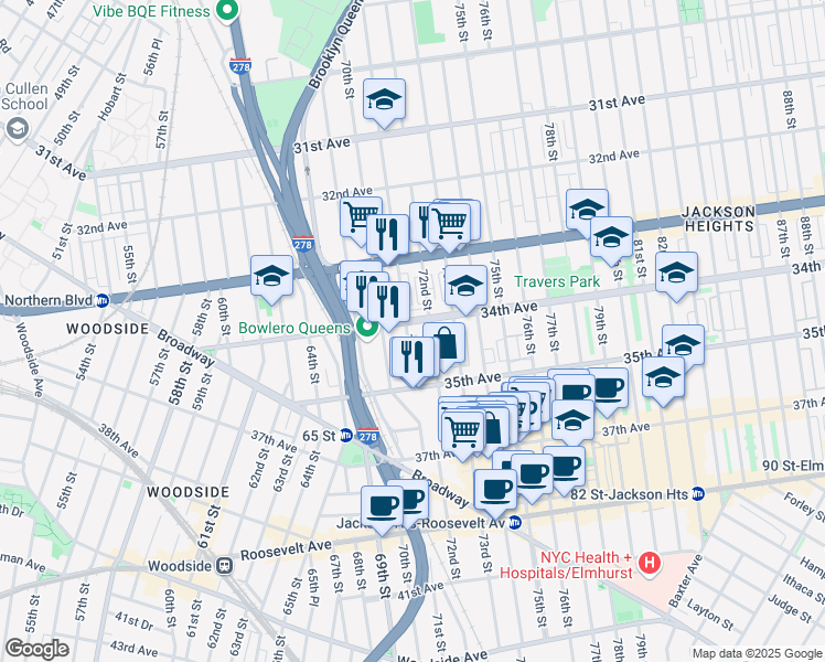 map of restaurants, bars, coffee shops, grocery stores, and more near 34-24 72nd Street in Queens