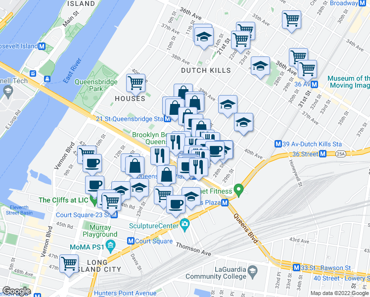 map of restaurants, bars, coffee shops, grocery stores, and more near 41-44 24th Street in Queens