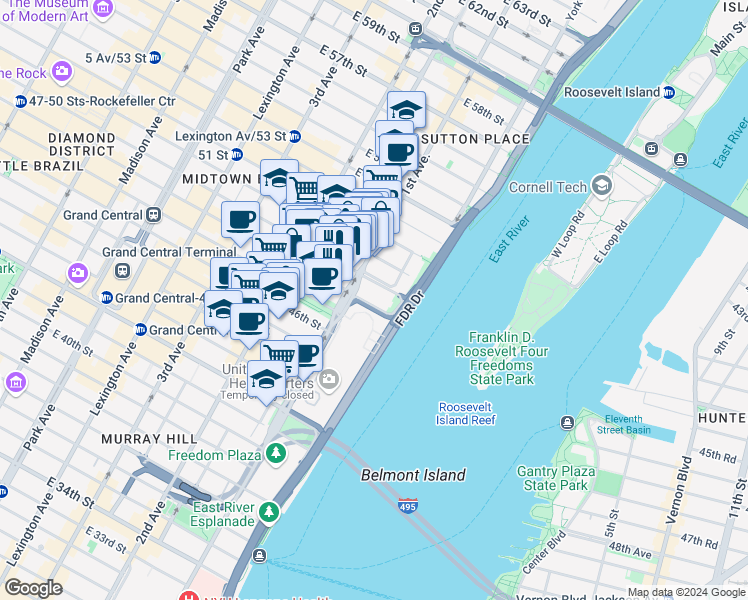 map of restaurants, bars, coffee shops, grocery stores, and more near 450 East 48th Street in New York