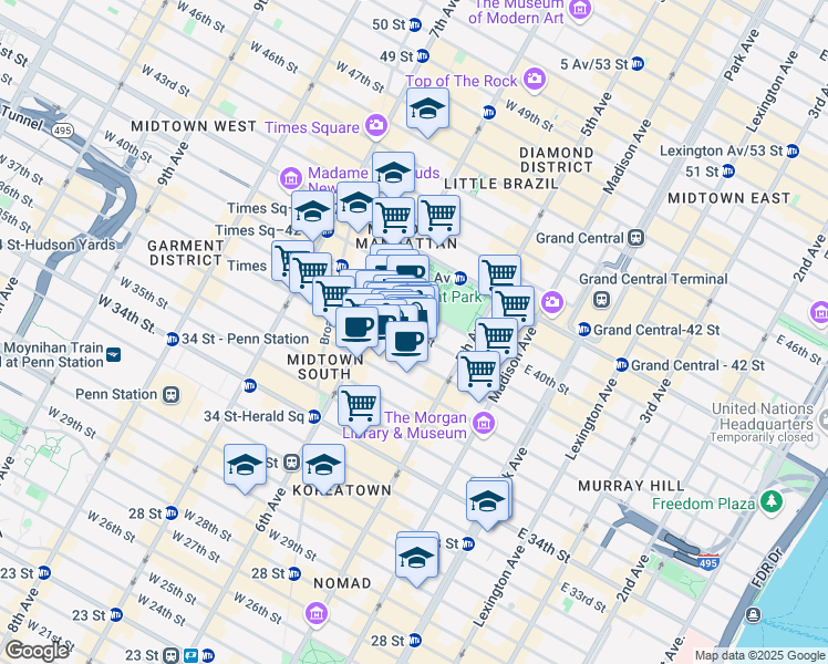 map of restaurants, bars, coffee shops, grocery stores, and more near 32 West 38th Street in Brooklyn