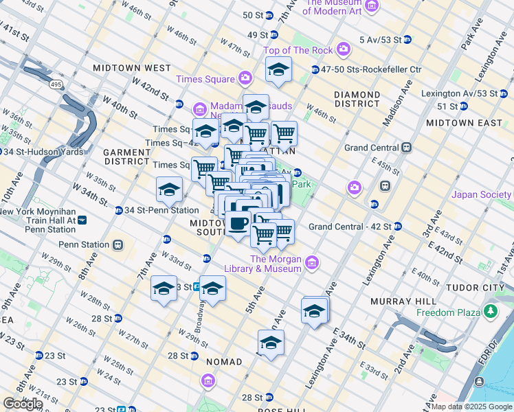 map of restaurants, bars, coffee shops, grocery stores, and more near 32 West 38th Street in Brooklyn