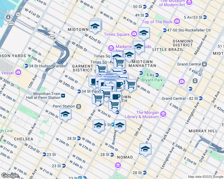 map of restaurants, bars, coffee shops, grocery stores, and more near 481-499 Fashion Avenue in New York
