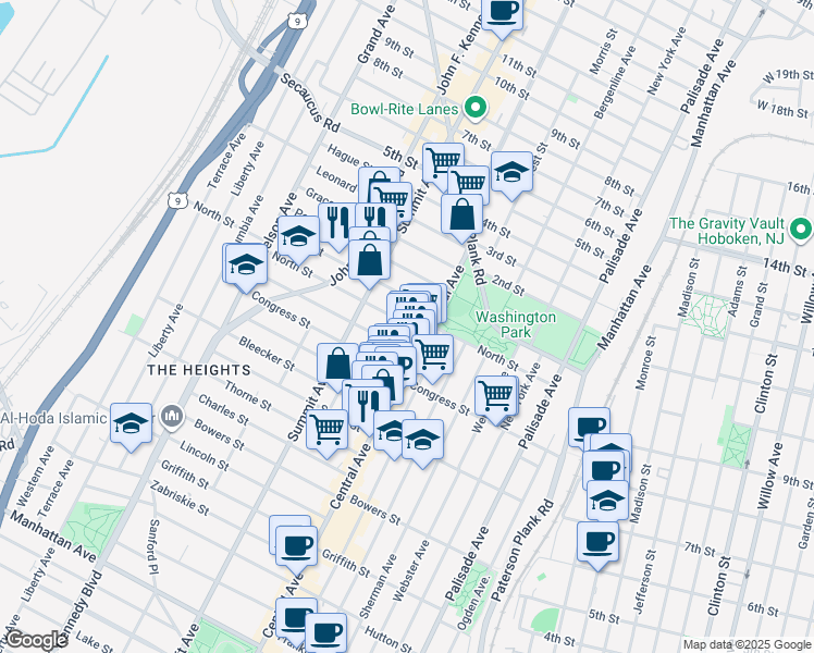 map of restaurants, bars, coffee shops, grocery stores, and more near 14 Graham Street in Jersey City